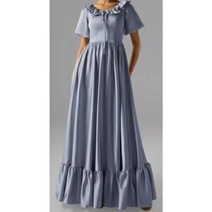 AW BRIDAL SZ 12 L dusty blue satin Sumayyah ruffle peasant maxi dress NEW B163
